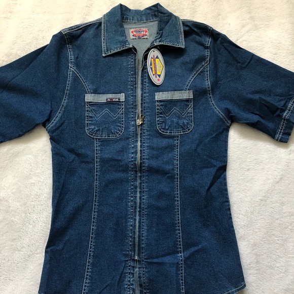 Indigo blue denim stonewashed Password shirt- jacket full lenght zipper stretch - Picture 4 of 11